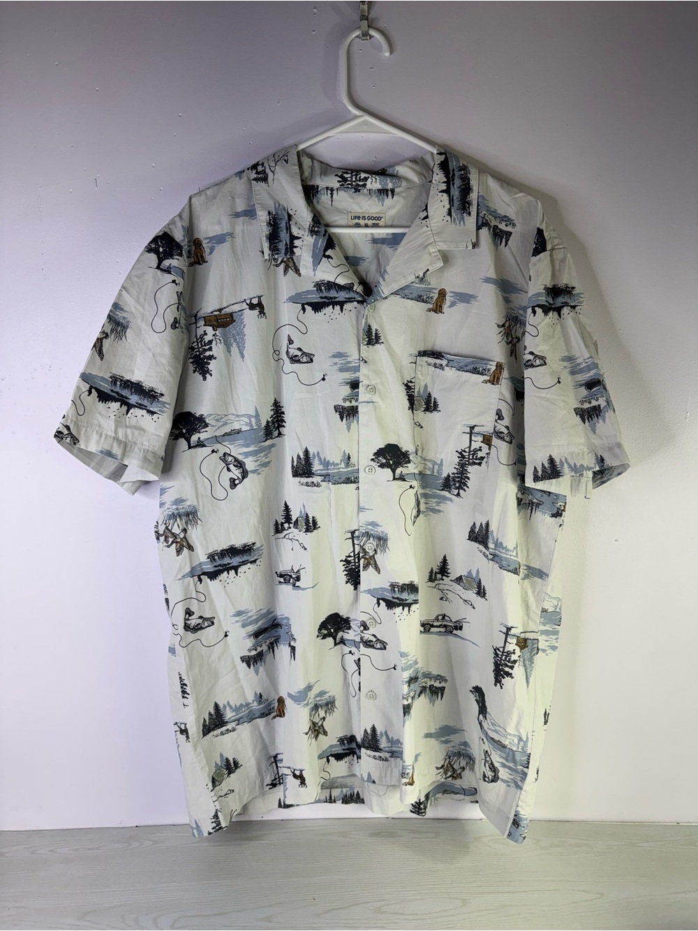 Life is Good~Casual Button Down Shirt Outdoor Fishing Landscape Pattern XL